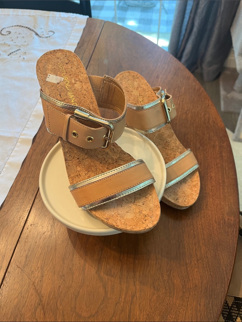 Arturo Chiang Tan Wedge Sandals with Gold Trim